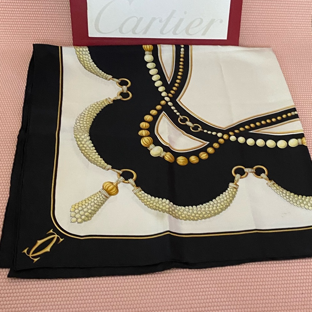 Cartier Black White and Gold Silk Scarf - Picture 2 of 5